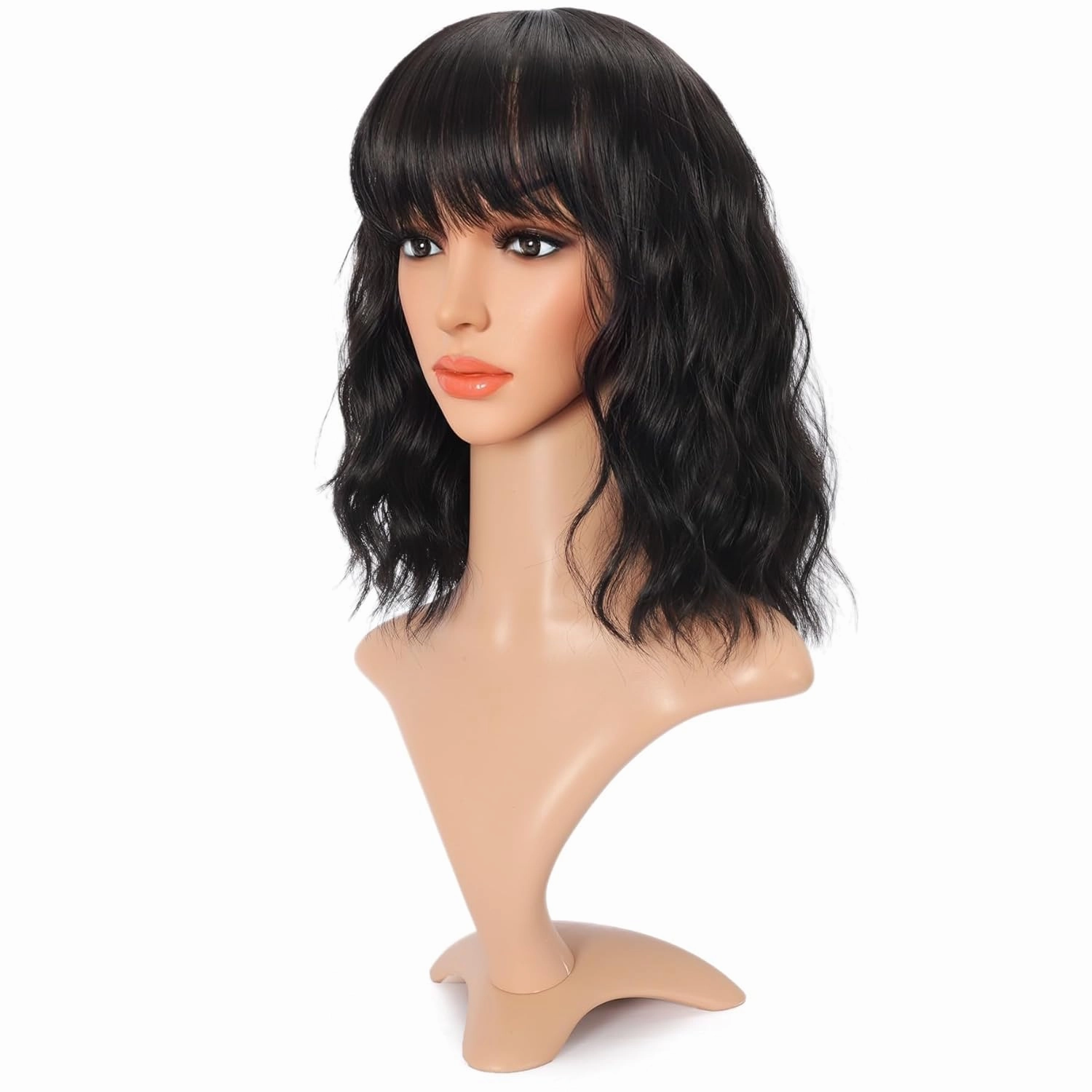Black Wig Short Bob Wig Short Curly Wavy Wig With Bangs for Women Heat Resistant Synthetic Wigs for Daily Use Cosplay Wig With Wig Cap