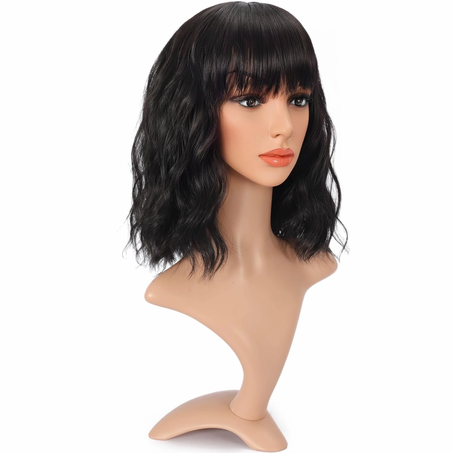 Black Wig Short Bob Wig Short Curly Wavy Wig With Bangs for Women Heat Resistant Synthetic Wigs for Daily Use Cosplay Wig With Wig Cap