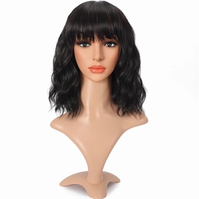 Black Wig Short Bob Wig Short Curly Wavy Wig With Bangs for Women Heat Resistant Synthetic Wigs for Daily Use Cosplay Wig With Wig Cap