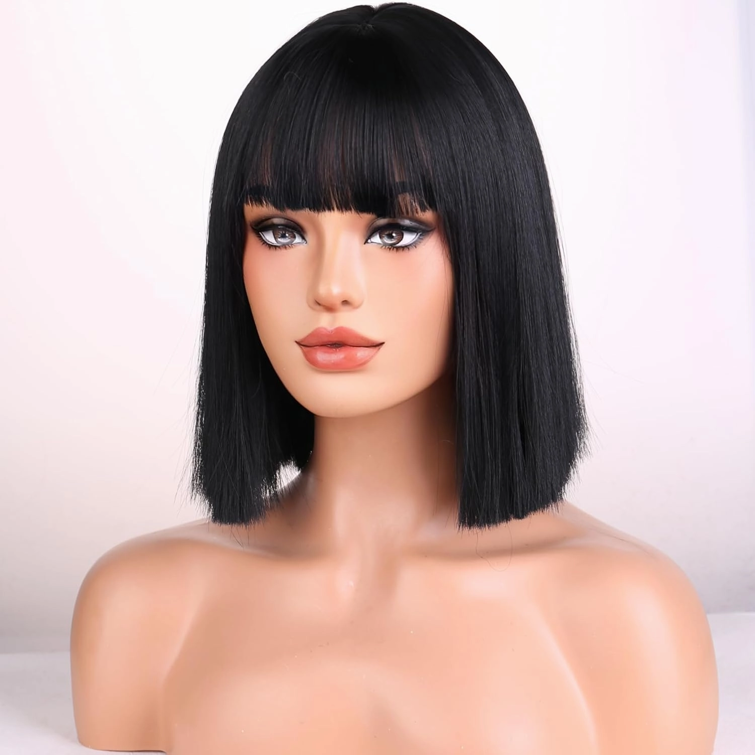 Black Wigs for Women Girls Short Straight Black Bob Wig with Bangs Heat Resistant Synthetic Wigs for Cosplay Costume Party(black wig)