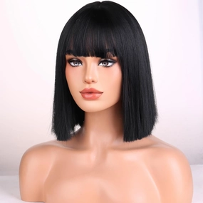 Black Wigs for Women Girls Short Straight Black Bob Wig with Bangs Heat Resistant Synthetic Wigs for Cosplay Costume Party(black wig)