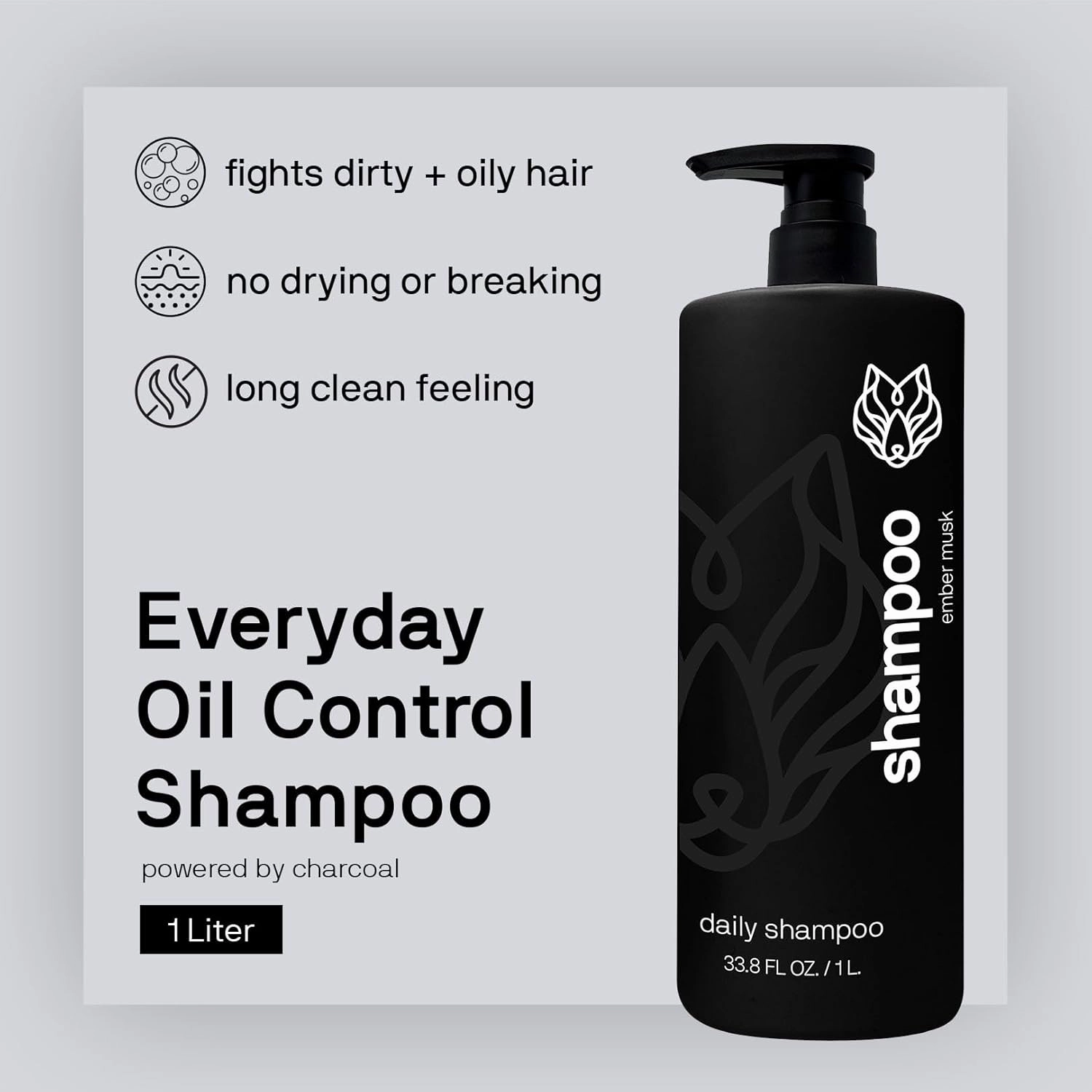 Black Wolf Mens Shampoo for Oily Hair, 33.8 Fl Oz - Charcoal-Infused Oil Control Shampoo with Moisturizing & Deep Cleansing Formula Hydrates & Nourishes Scalp - Daily Hair Care for Men