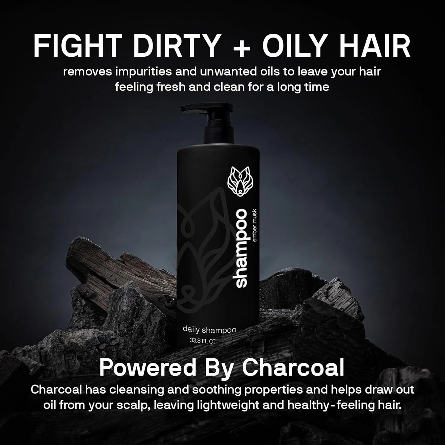 Black Wolf Mens Shampoo for Oily Hair, 33.8 Fl Oz - Charcoal-Infused Oil Control Shampoo with Moisturizing & Deep Cleansing Formula Hydrates & Nourishes Scalp - Daily Hair Care for Men