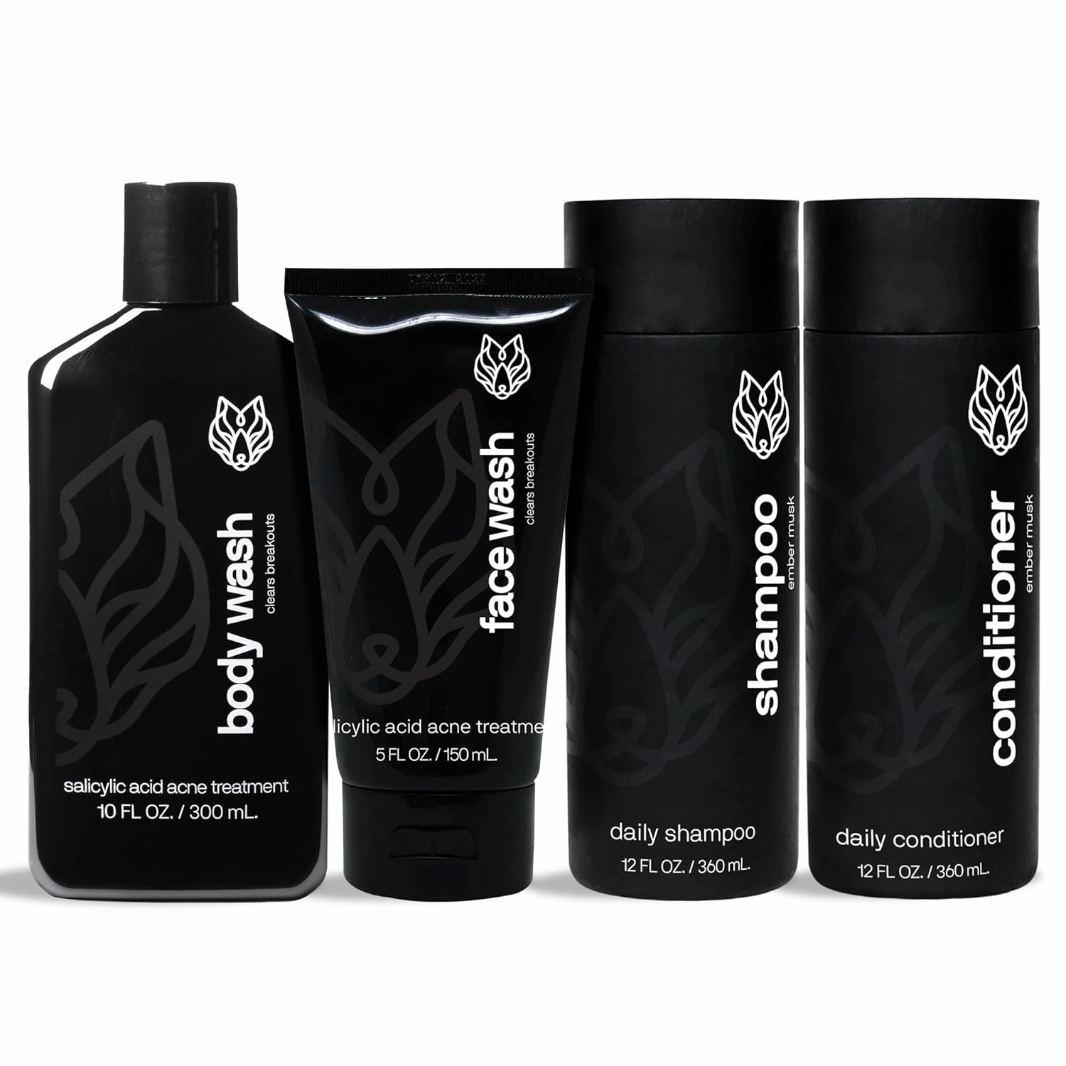 Black Wolf Shower Bundle for Hair and Body - Includes Daily Shampoo & Conditioner Set, Acne Control Charcoal Body Wash & Salicylic Acid Acne Face Wash - Gift Set