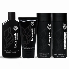 Black Wolf Shower Bundle for Hair and Body - Includes Daily Shampoo & Conditioner Set, Acne Control Charcoal Body Wash & Salicylic Acid Acne Face Wash - Gift Set
