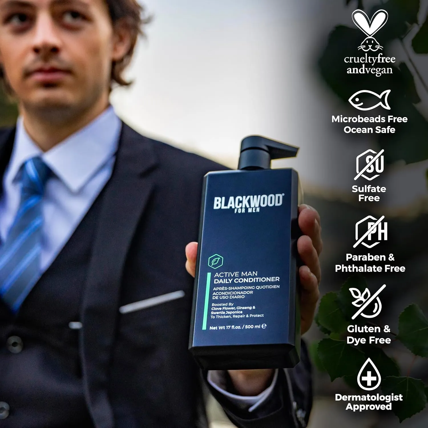 BLACKWOOD FOR MEN Active Man Daily Conditioner - Men's Thickening Conditioner for Hair Loss & Dandruff - Deep Treatment for Shine - Natural Vegan Formula - Sulfate, Paraben, & Cruelty-Free (17 Oz)