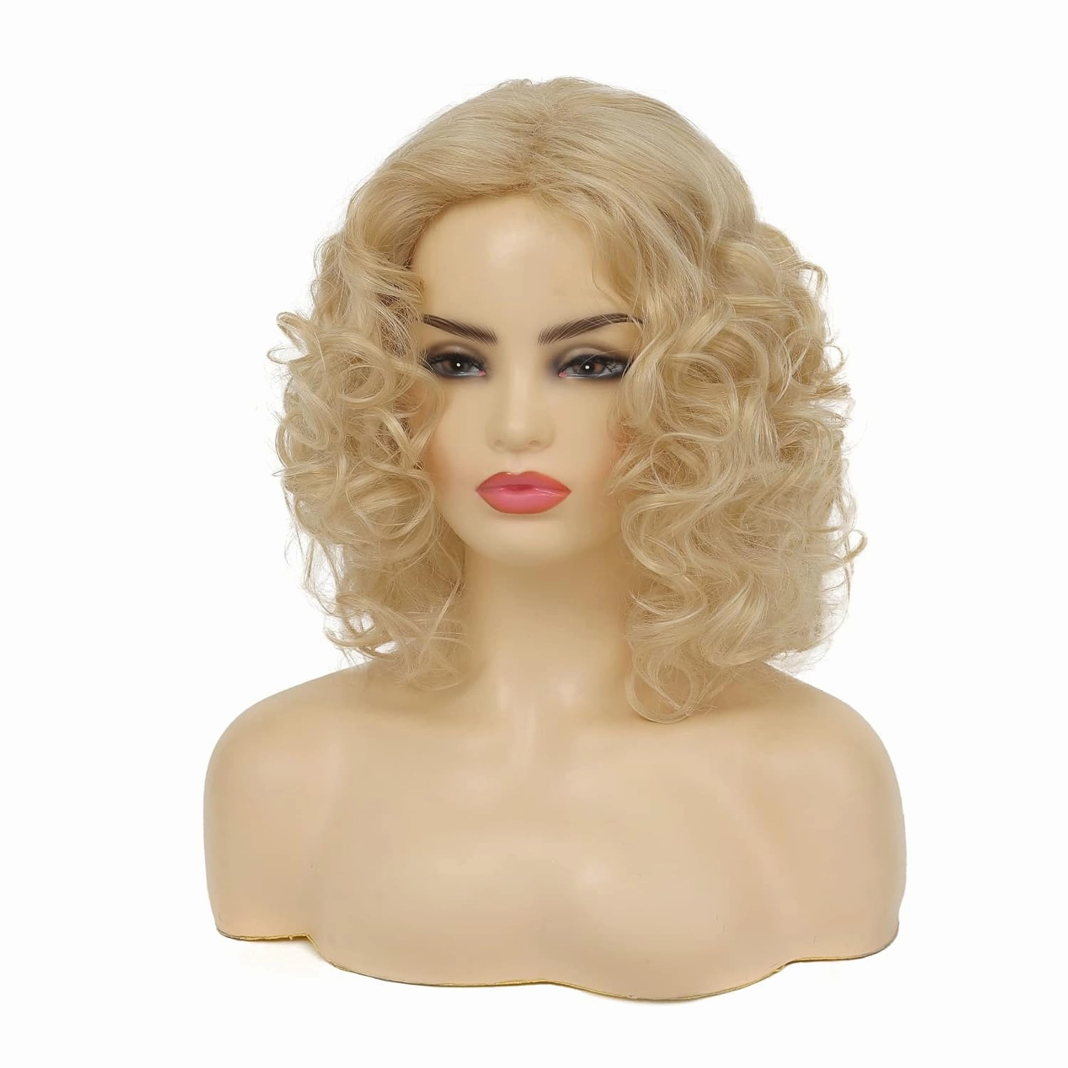 Blonde Curly Wigs for Women Shoulder Length Wig Natural Shaggy Synthetic Hair Heat Resistant Cosplay 80s Costume Wigs with Wig Cap
