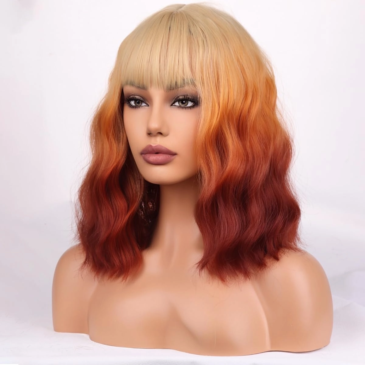 Blonde Ombre Orange Wig Short Bob Wig Short Curly Wavy wig With Bangs for Women Blonde Orange Ombre Wigs Heat Resistant Synthetic Hair Wigs for Daily Use Cosplay Wig With wig Cap