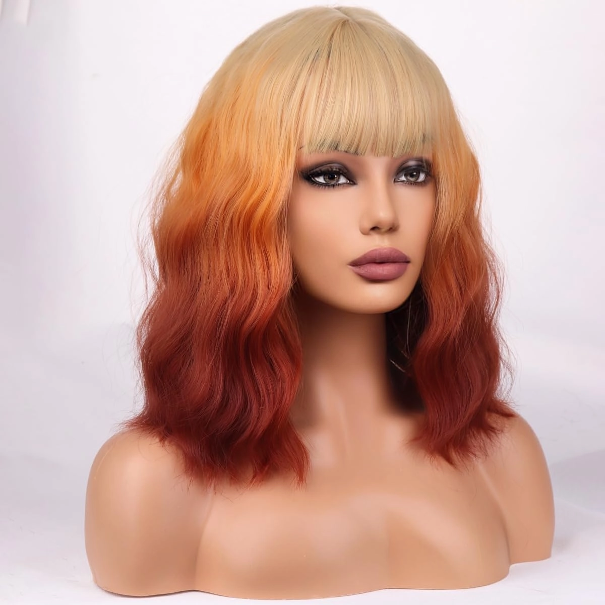 Blonde Ombre Orange Wig Short Bob Wig Short Curly Wavy wig With Bangs for Women Blonde Orange Ombre Wigs Heat Resistant Synthetic Hair Wigs for Daily Use Cosplay Wig With wig Cap