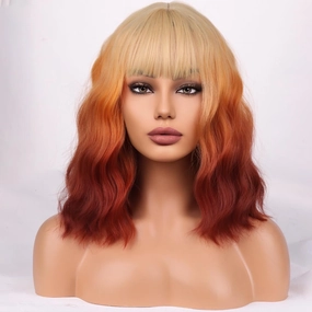 Blonde Ombre Orange Wig Short Bob Wig Short Curly Wavy wig With Bangs for Women Blonde Orange Ombre Wigs Heat Resistant Synthetic Hair Wigs for Daily Use Cosplay Wig With wig Cap