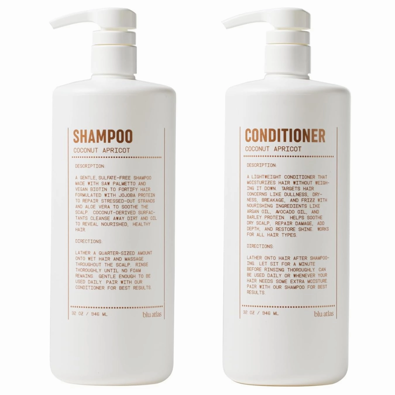 Blu Atlas Men's Shampoo and Conditioner Bundle - Coconut Apricot - Gentle Cleansing, Hydrating Shampoo for Volume, All Hair Types - 32 oz Bottle