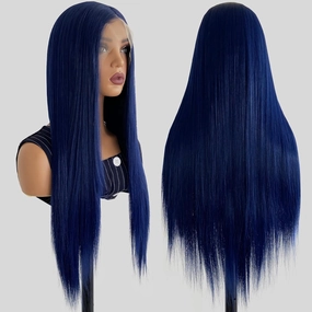 Blue Wig Synthetic Lace Front Wig Glueless 13x4 HD Lace Front Wigs Pre Plucked Long Straight Synthetic Wigs for Black Women Ready to Wear Natural Looking 26inch