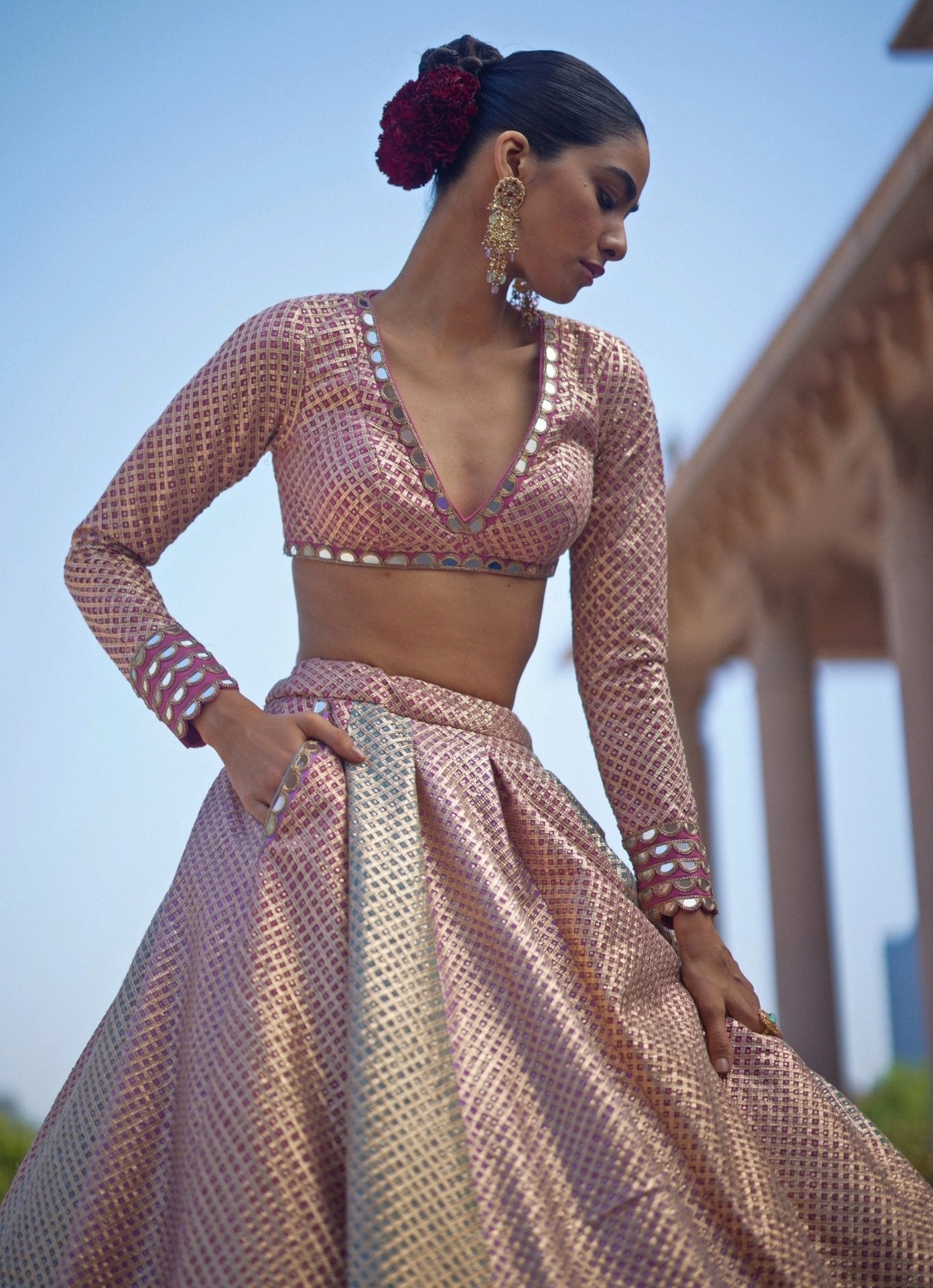 Blush Pink And Blue Pastel Hued Embroidered Lehenga Set
