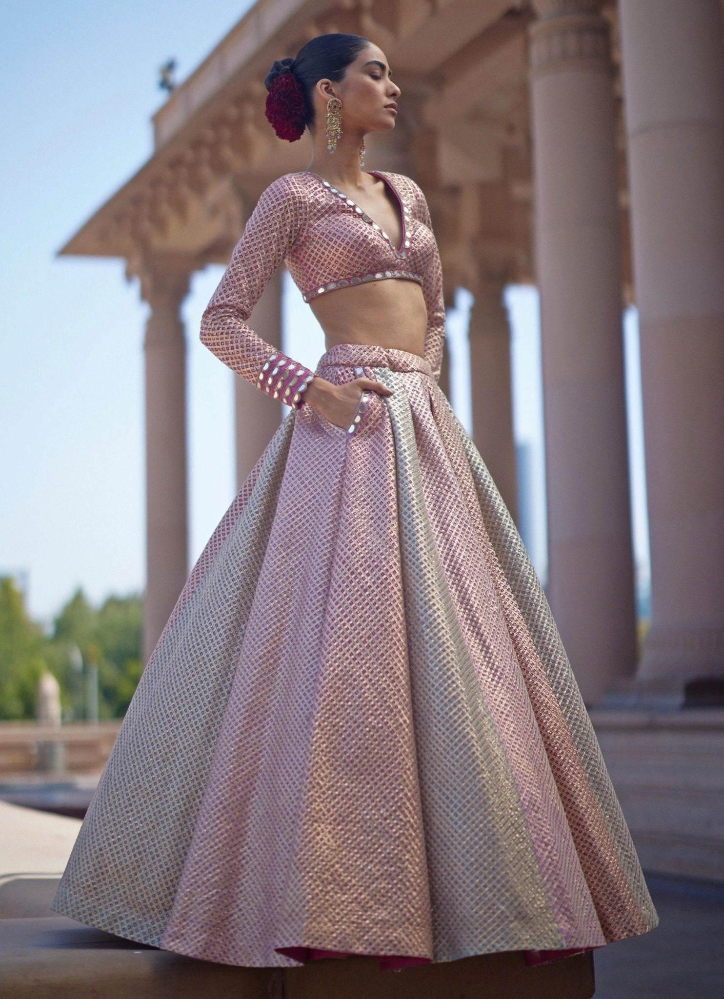 Blush Pink And Blue Pastel Hued Embroidered Lehenga Set