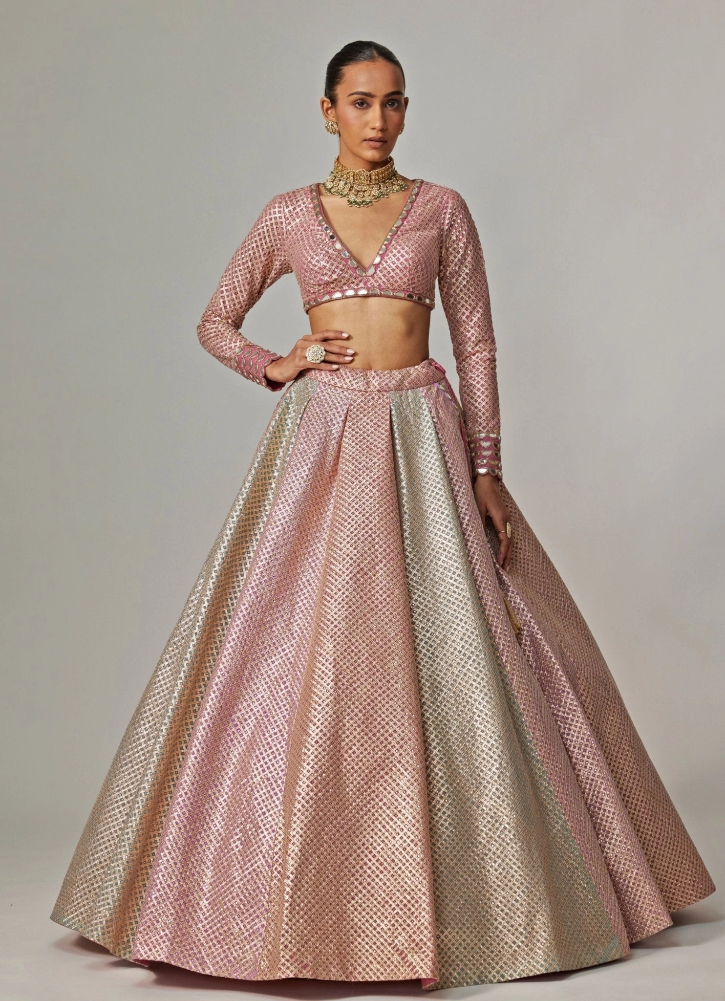 Blush Pink And Blue Pastel Hued Embroidered Lehenga Set
