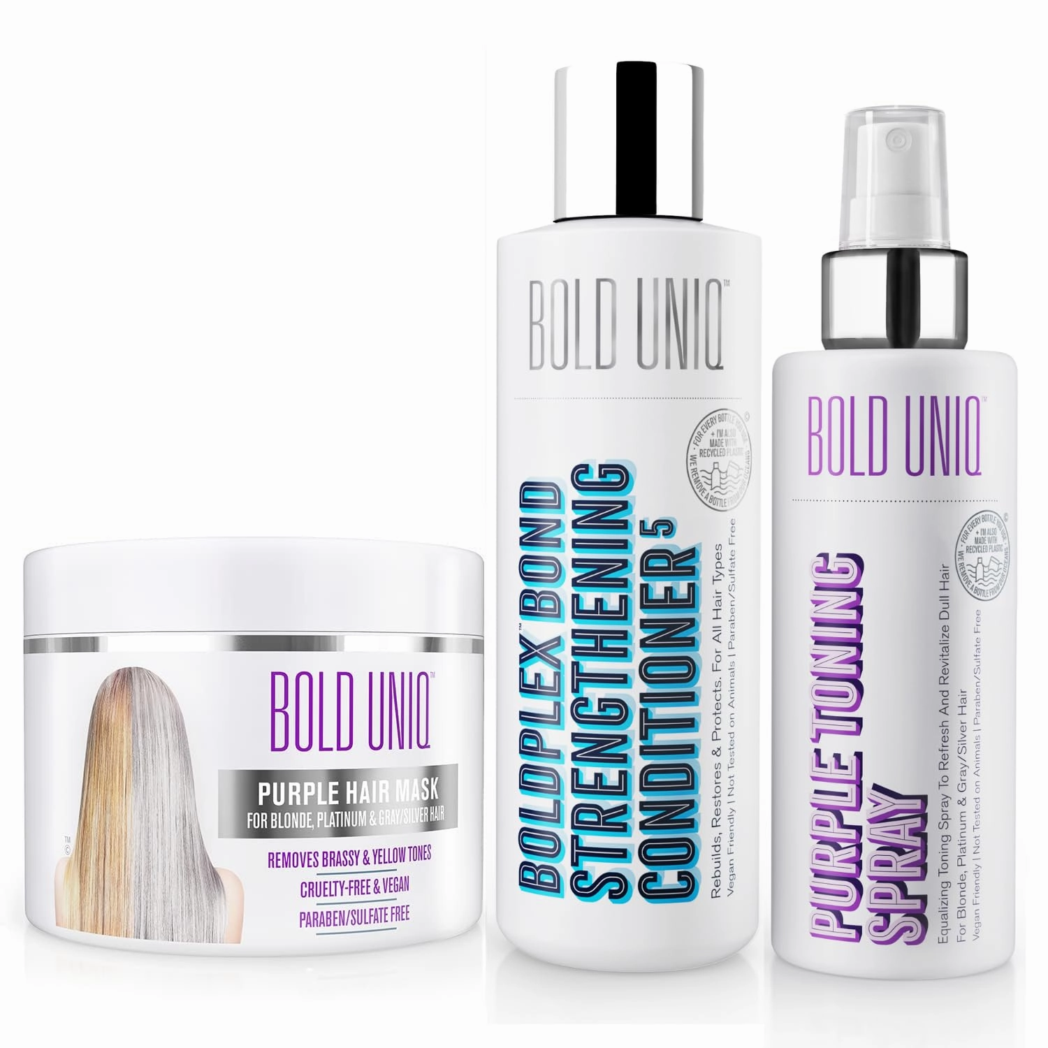 BOLD UNIQ Purple Hair Mask, BoldPlex 5 Conditioner & Purple Toning Spray - Remove Brassiness and Yellow Tones, Strengthen, Protect Damaged Hair & Reduce Frizz - Paraben, Sulfate-free, Vegan Friendly