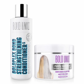 BOLD UNIQ Purple Hair Mask For Blonde, Platinum, Bleached, Silver, Gray, Ash & Brassy Hair & BoldPlex 5 Bond Strengthening Protein Conditioner - Remove Yellow Tones and Condition Dry, Damaged Hair