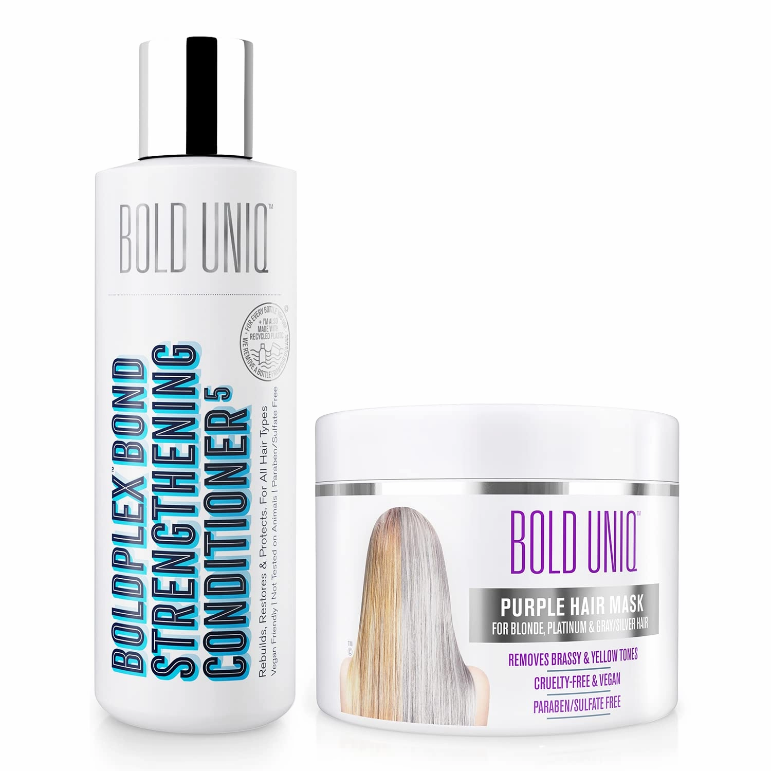 BOLD UNIQ Purple Hair Mask For Blonde, Platinum, Bleached, Silver, Gray, Ash & Brassy Hair & BoldPlex 5 Bond Strengthening Protein Conditioner - Remove Yellow Tones and Condition Dry, Damaged Hair