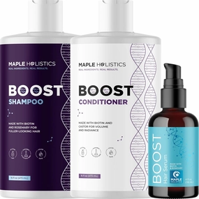 BOOST Biotin Hair Serum plus Advanced Biotin Shampoo and Conditioner Set - Hair Thickening Serum with Castor and Rosemary plus Volumizing Biotin Shampoo for Men and Women Bundle