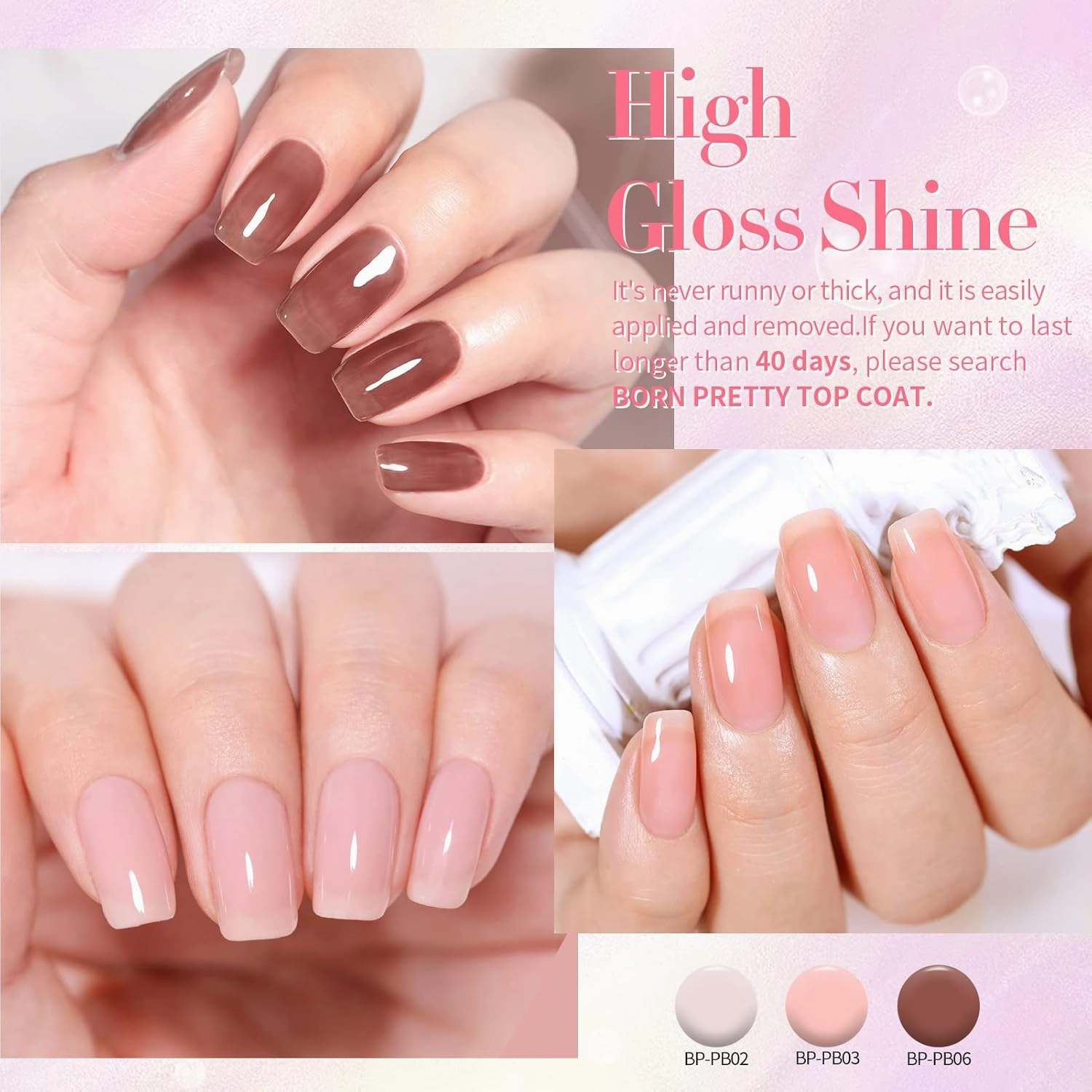 Born Pretty Jelly Gel Nail Polish Set Sheer Clear Nude Pink Color Crystal Transparent Translucent with Glossy Matte Top Coat Base Gel Nail Art DIY Manicure Salon Home 21PCS