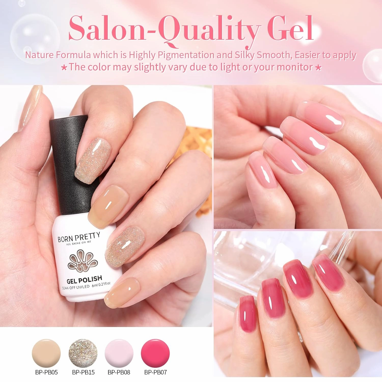 Born Pretty Jelly Gel Nail Polish Set Sheer Clear Nude Pink Color Crystal Transparent Translucent with Glossy Matte Top Coat Base Gel Nail Art DIY Manicure Salon Home 21PCS