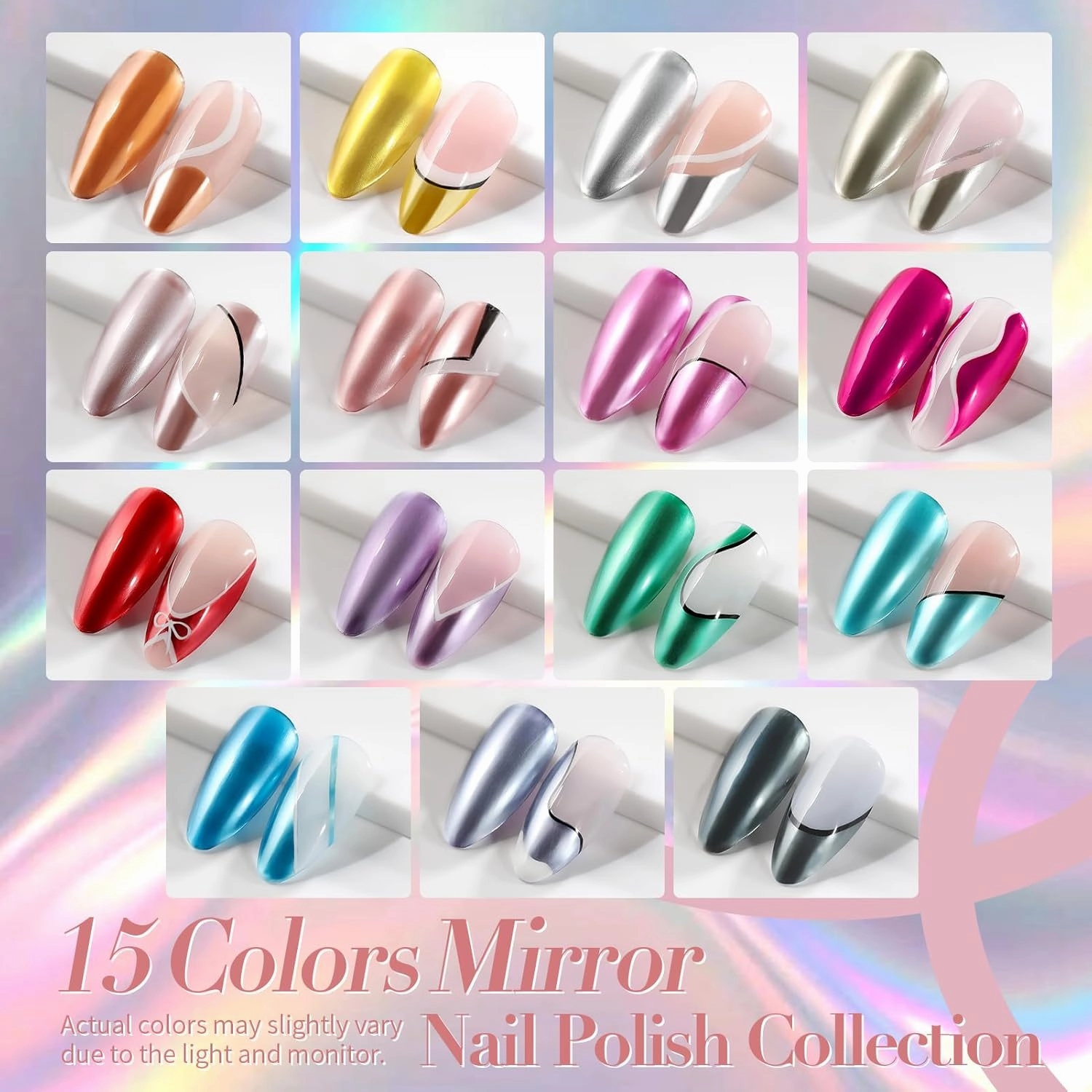 Born Pretty Metallic Nail Polish Set, 15 Colors Metallic Mirror Quick Dry Nail Polish Red Pink Gold Silver Purple Chrome Holographic Regular Nail Polish Nail Lacquer Fingernail Glossy Nail Polish Set