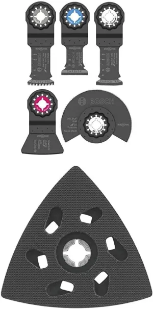 Bosch Starlock Oscillating Tool Blade Set with Case, Multitool Accessories Kit for Wood, All Purpose/Multi-Material, Drywall, Metal; and Sanding Pad for Oscillating Tool, Bundle (6-Pieces)