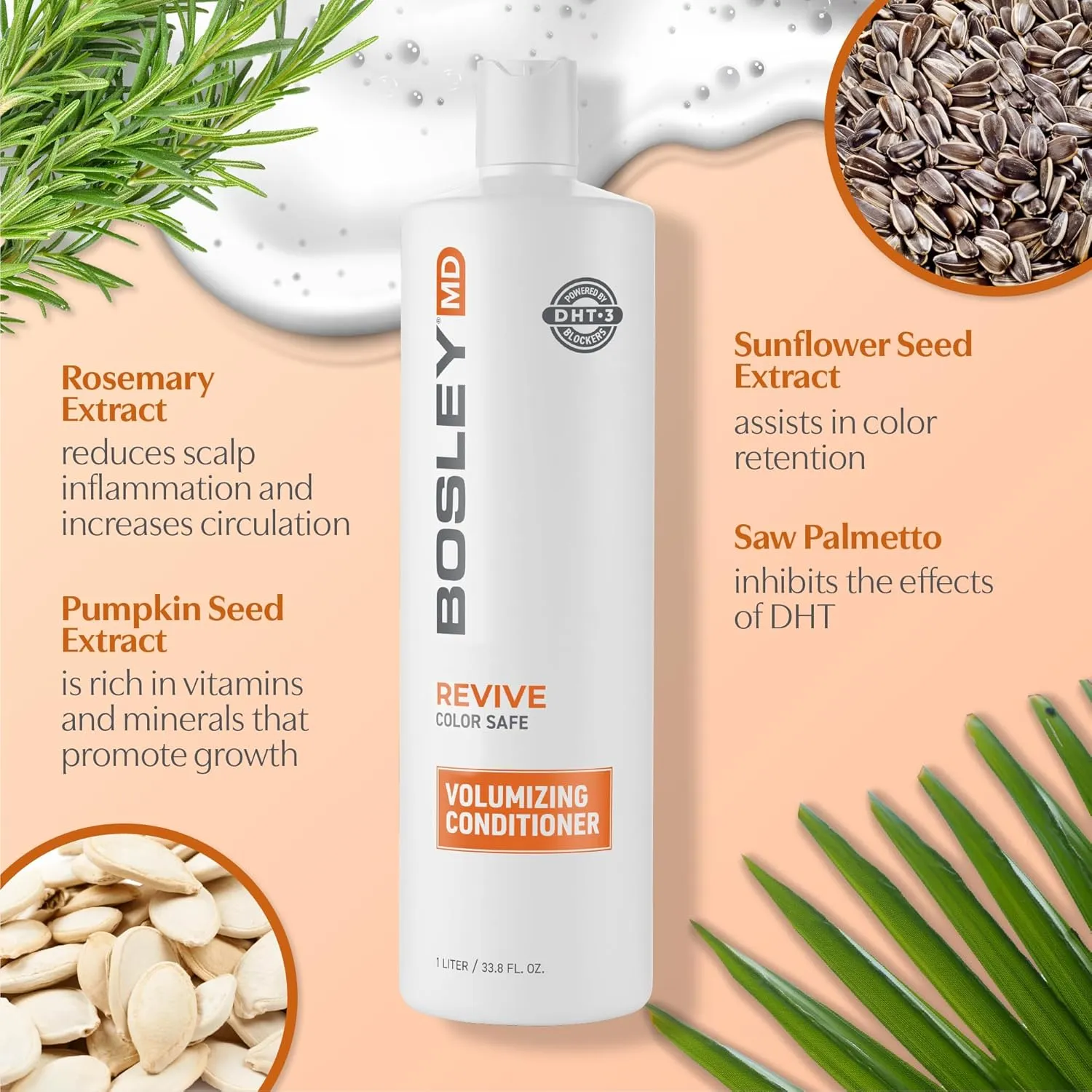 BosRevive Volumizing Conditioner for Thinning, Color/Chemically-Treated Hair – DHT Blocker, Sulfate-Free, Vegan, Biotin, Saw Palmetto & Rosemary – Thicker, Fuller Hair – 33.8 Fl Oz.