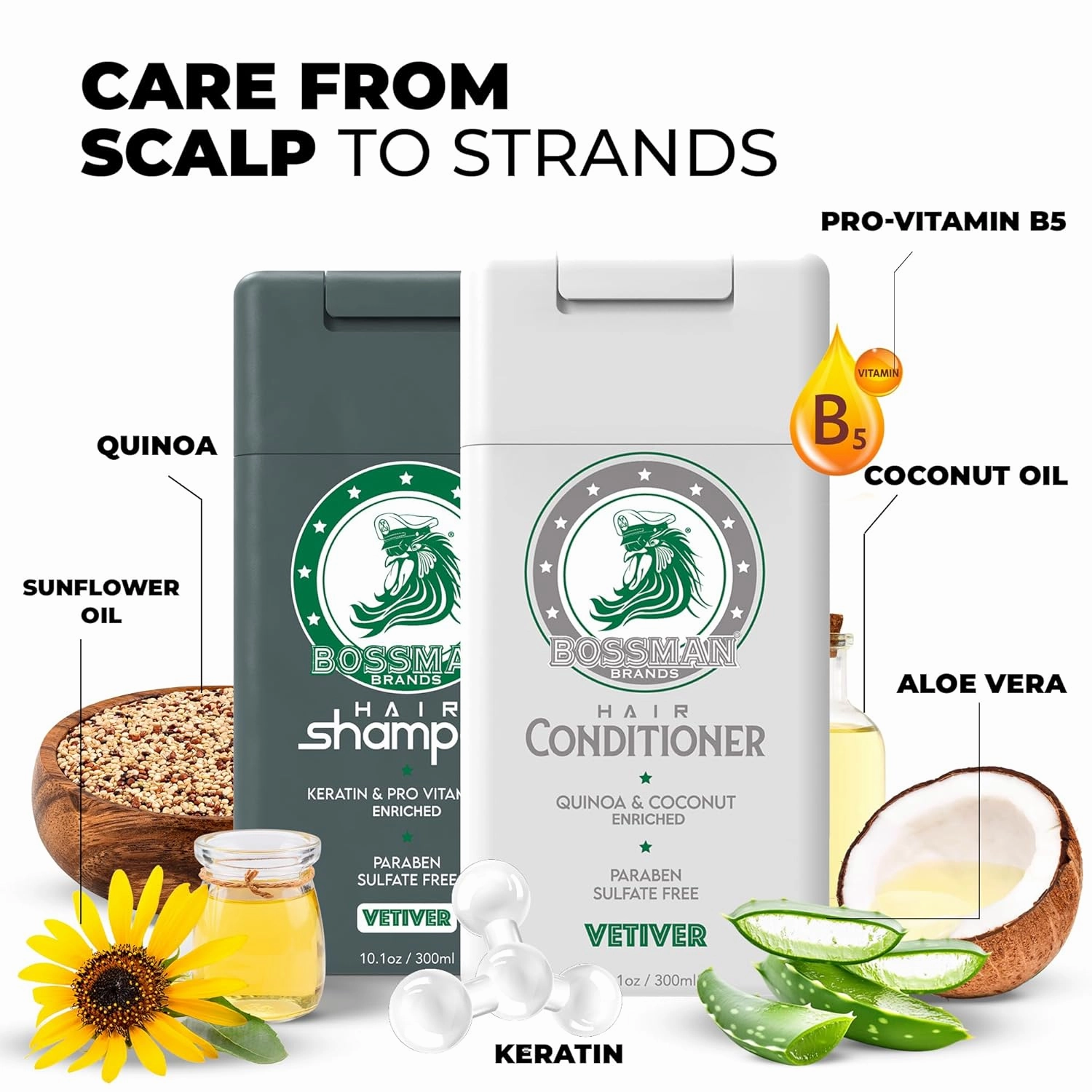 Bossman Hair Shampoo and Conditioner Combo - Hydrating, Strengthening, and Soothing Formula for Men's Hair - Paraben Free & Sulfate Free (Vetiver X)