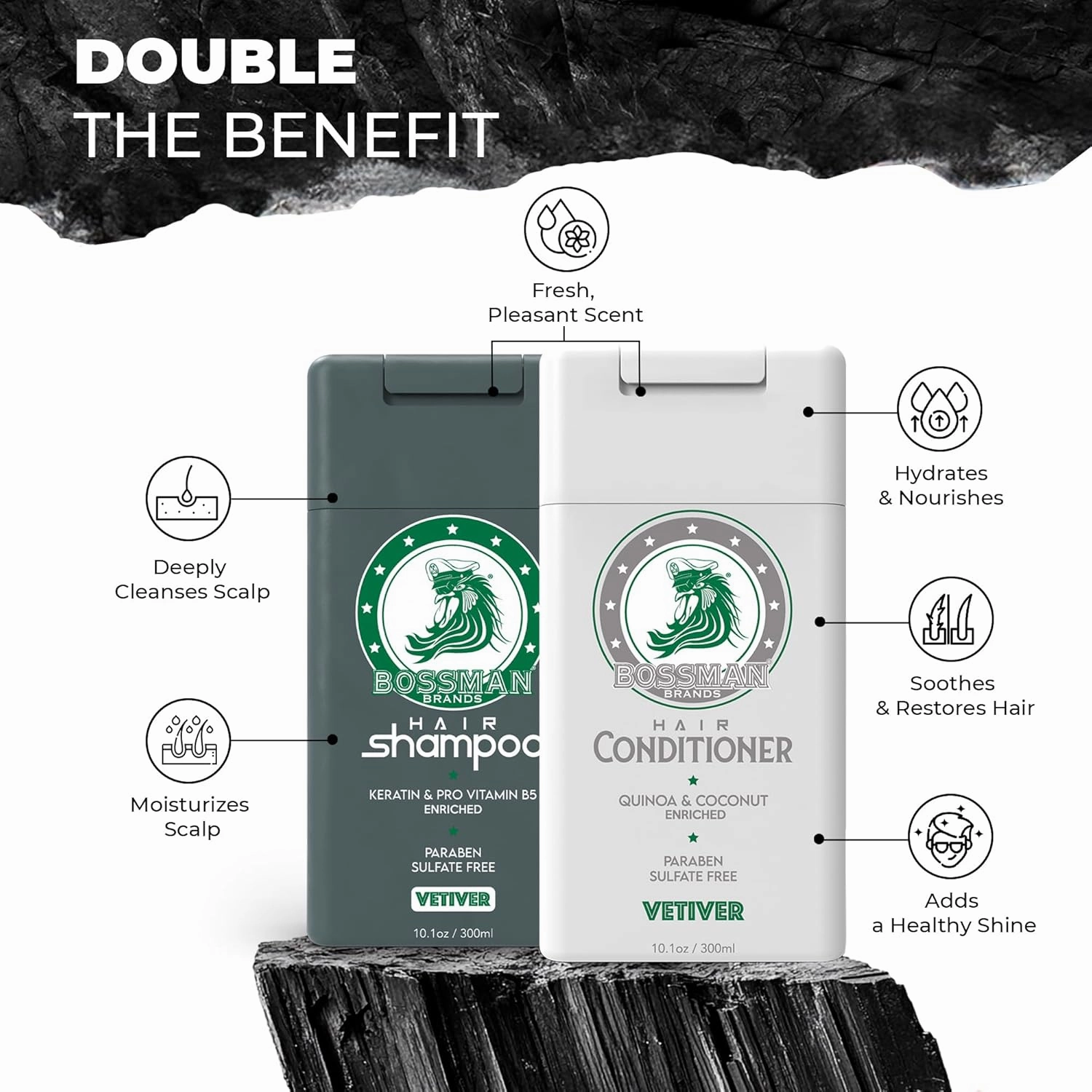 Bossman Hair Shampoo and Conditioner Combo - Hydrating, Strengthening, and Soothing Formula for Men's Hair - Paraben Free & Sulfate Free (Vetiver X)