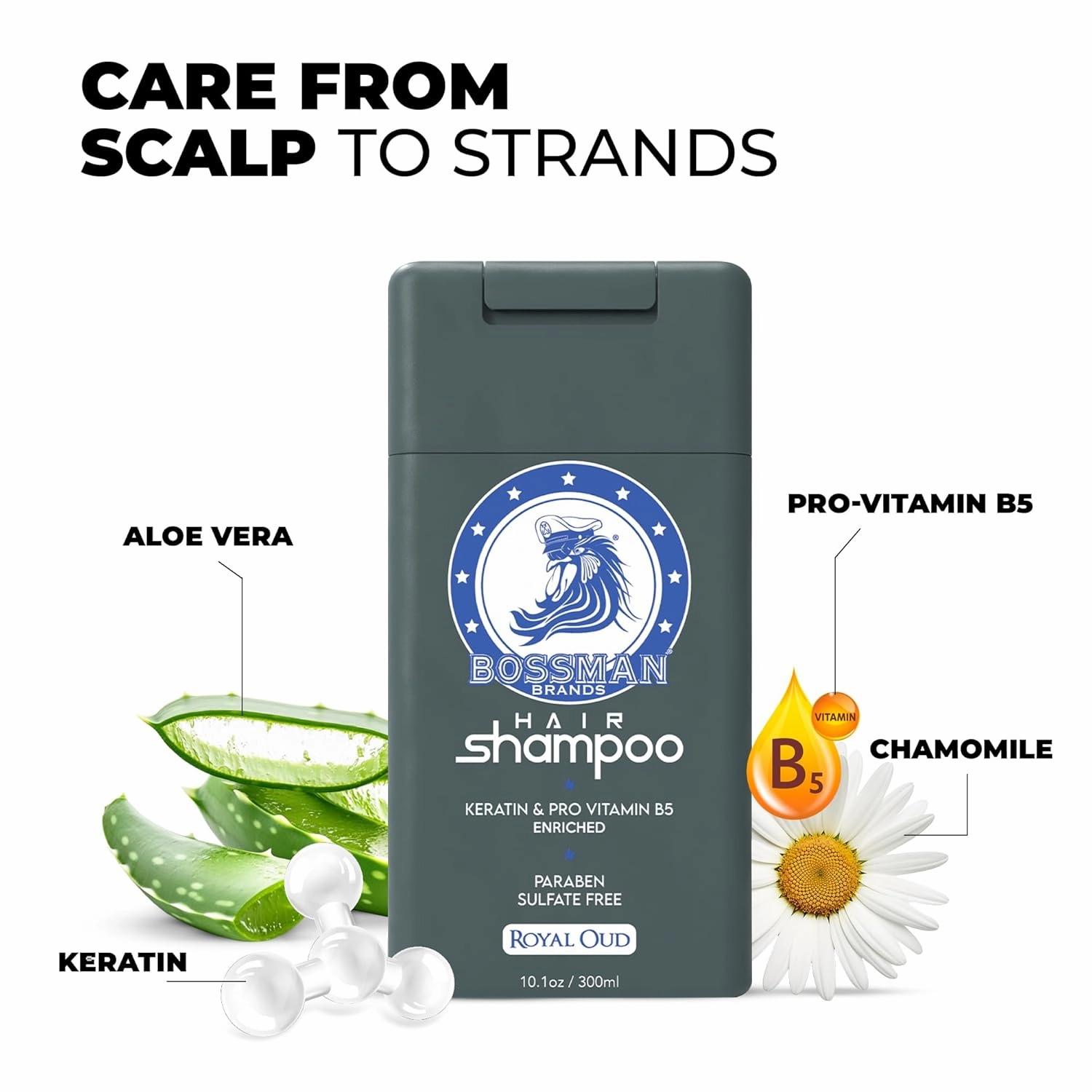 Bossman Hair Shampoo for Men – Natural Moisturizing Men's Shampoo with Keratin & Vitamin Pro5 Enriched - Paraben & Sulfate Free (Royal Oud Scent)