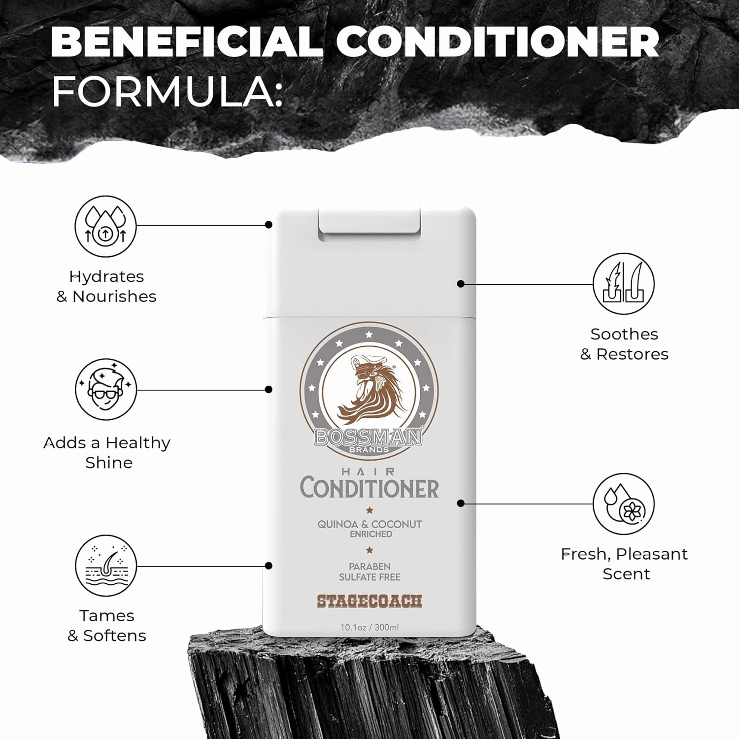 Bossman Moisturizing Hair Conditioner for Men – Stimulates, Hydrates, Soothes Men's Hair and Scalp – Natural Quinoa & Coconut Enriched - Paraben & Sulfate Free (Stagecoach Scent)