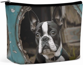 Boston Terrier Makeup Bag for Women Portable Travel Toiletry Pouch, PU Leather Cosmetic Bag with Zipper
