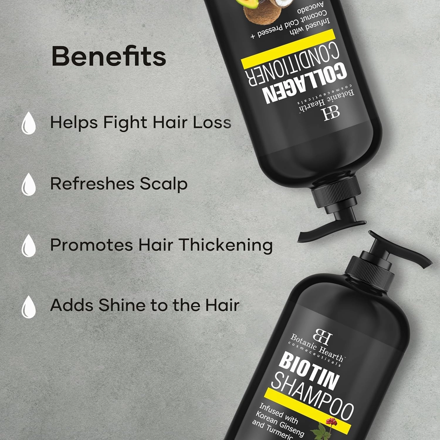 Botanic Hearth Biotin Shampoo and Conditioner with Collagen - Fights Hair Loss & Thinning with Korean Ginseng & Turmeric, Conditioner Promotes Hair Growth with Avocado and Coconut - 16 fl oz x 2