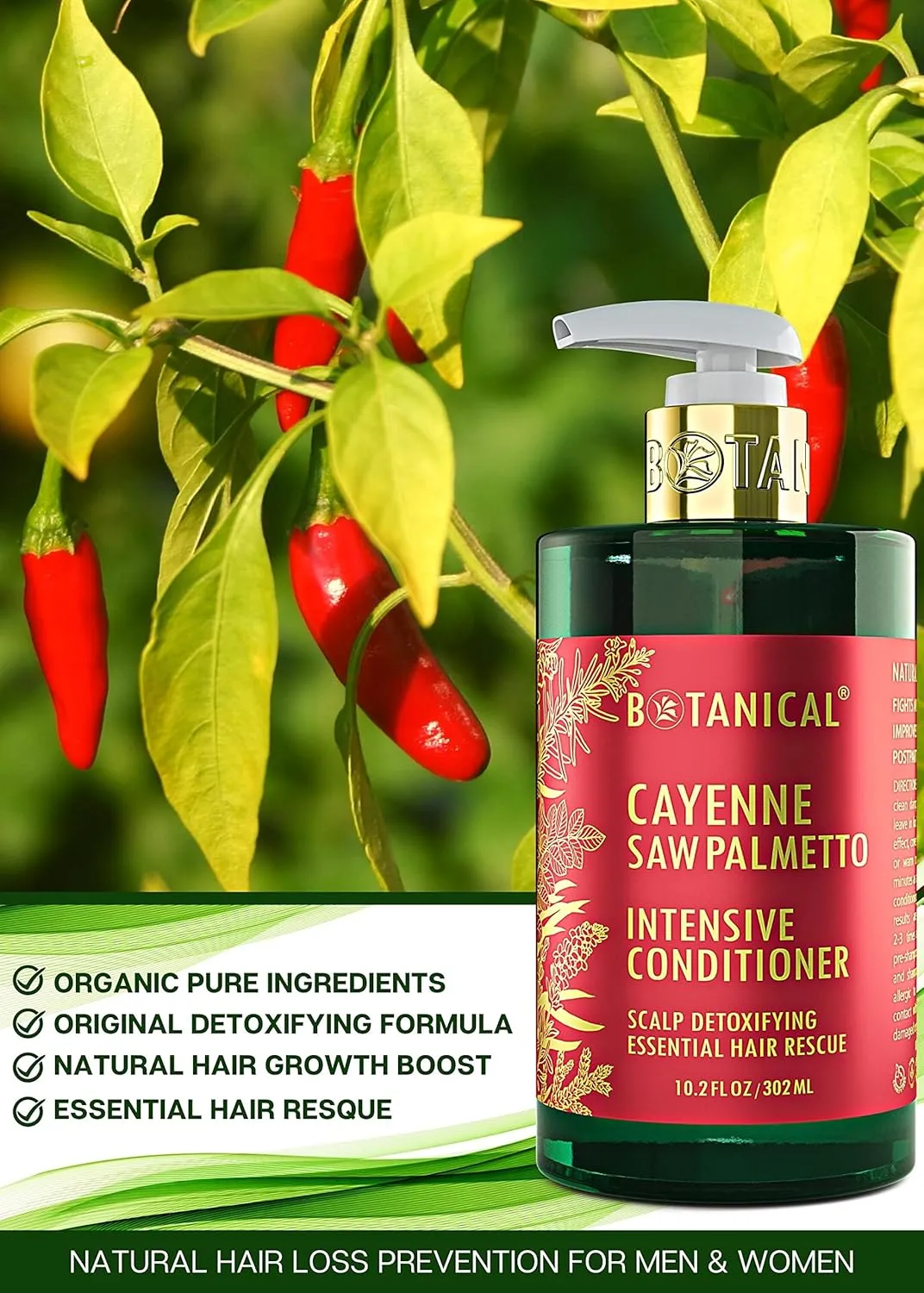 Botanical Hair Growth Conditioner “Scalp Detox” Intensive Anti-Hair Loss Therapy for Thinning Hair, Cayenne Saw Palmetto for Hair Loss, Thickening Products For Women & Men 10.2 Fl Oz
