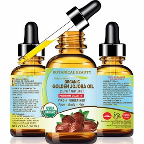 Botanical Beauty Organic JOJOBA OIL 100% Pure Natural VIRGIN UNREFINED Cold-Pressed Carrier Oil 2 Fl oz 60 ml for Face, Skin, Body, Hair, Lip, Nails. Rich in Vitamin E, Omega 6, Omega 9