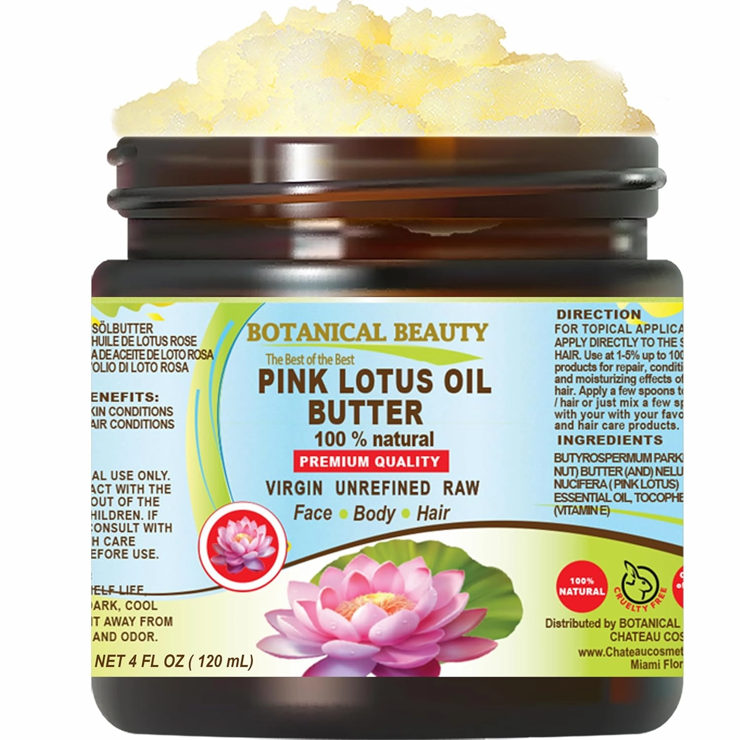 Botanical Beauty PINK LOTUS OIL BUTTER 100% Natural 4 Fl.oz.- 120 ml. Pink Lotus Essential Oil in Shea Nut Butter for FACE, SKIN, BODY, HAIR, NAILS. Beauty Skin Moisturizer Oil Butter
