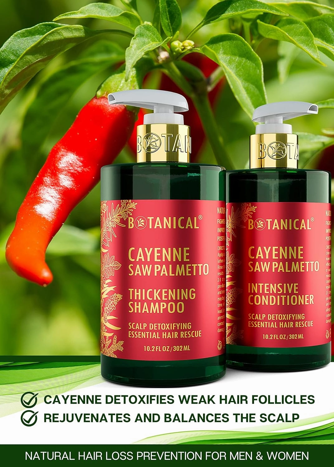 Botanical Hair Growth Thickening Shampoo and Anti-Thinning Conditioner “Scalp Detox” Cayenne Saw Palmetto Shampoo for Hair Loss, Thickening Products For Women & Men (Pack of 2)