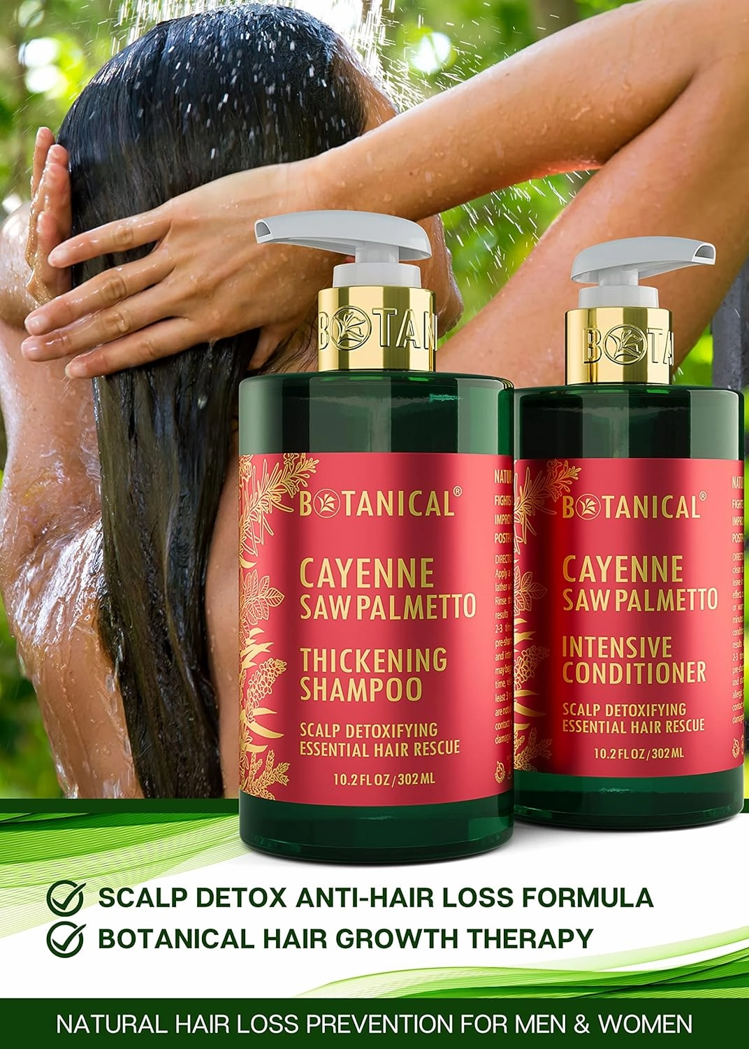 Botanical Hair Growth Thickening Shampoo and Anti-Thinning Conditioner “Scalp Detox” Cayenne Saw Palmetto Shampoo for Hair Loss, Thickening Products For Women & Men (Pack of 2)