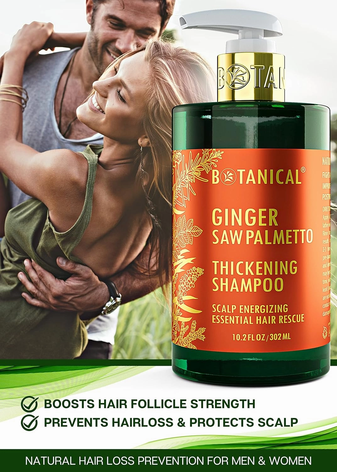 Botanical Hair Growth Thickening Shampoo and Anti-Thinning Conditioner “Scalp Energizing” Ginger Saw Palmetto Shampoo for Hair Loss, Thickening Products For Women & Men (Pack of 2)