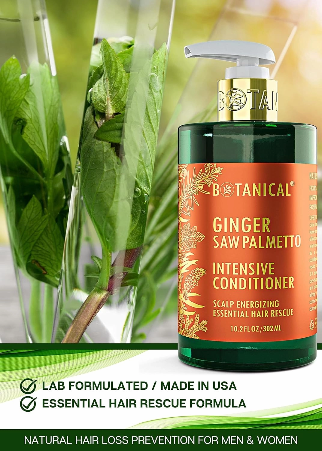 Botanical Hair Growth Thickening Shampoo and Anti-Thinning Conditioner “Scalp Energizing” Ginger Saw Palmetto Shampoo for Hair Loss, Thickening Products For Women & Men (Pack of 2)