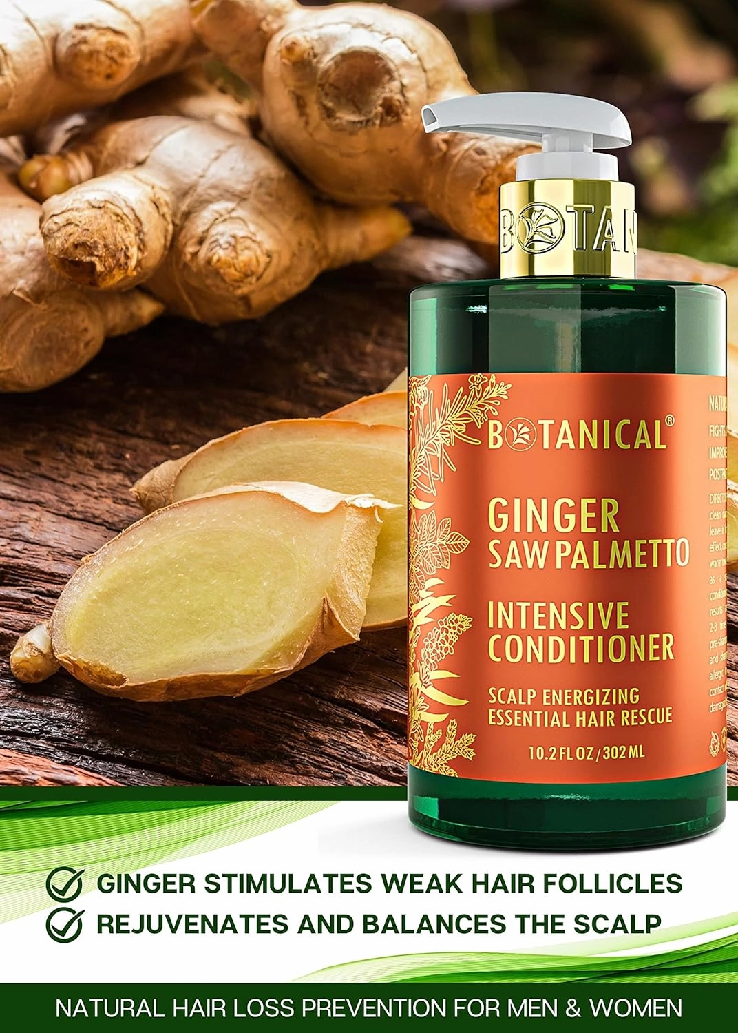 Botanical Hair Growth Thickening Shampoo and Anti-Thinning Conditioner “Scalp Energizing” Ginger Saw Palmetto Shampoo for Hair Loss, Thickening Products For Women & Men (Pack of 2)