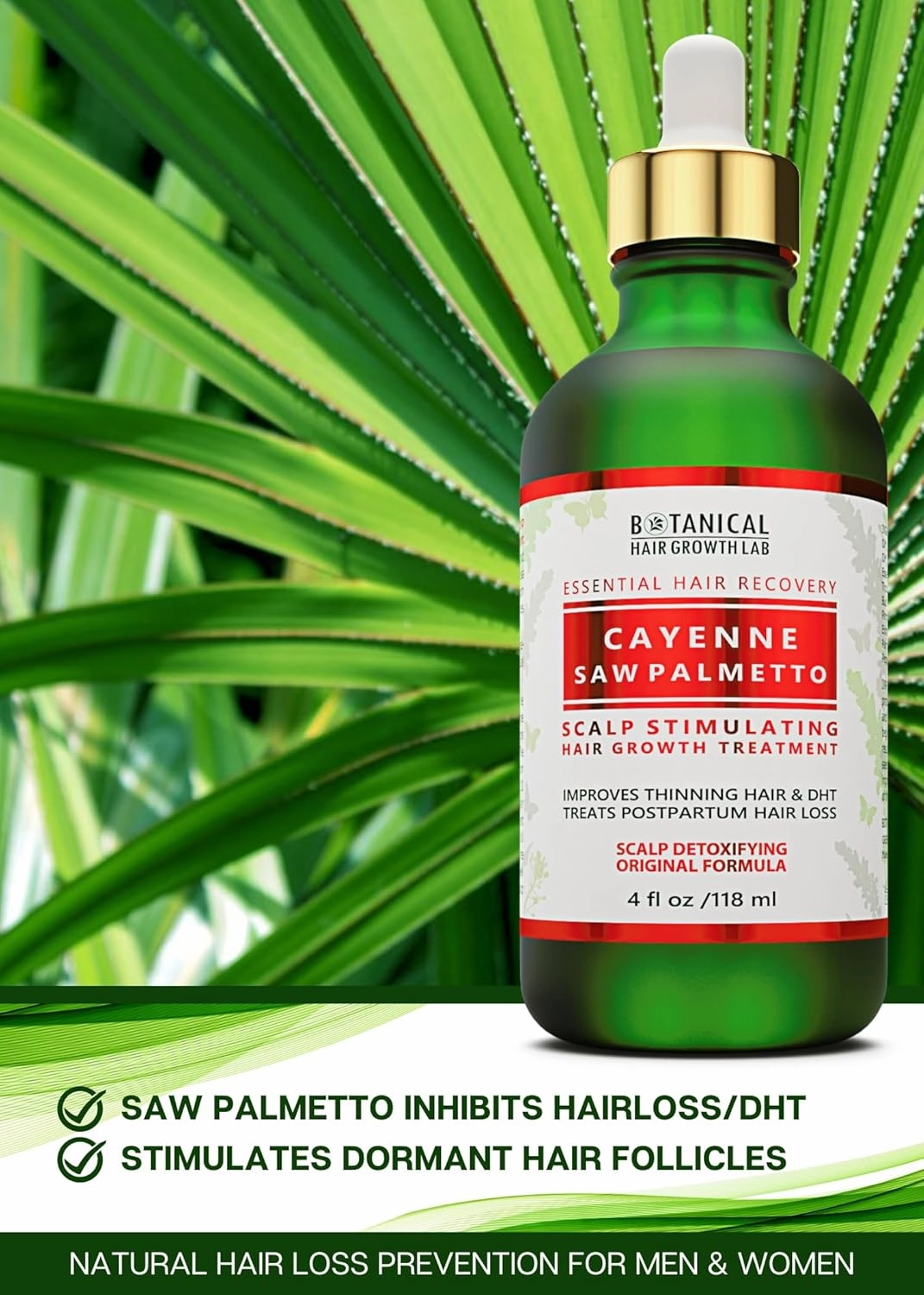 Botanical Hair Growth Treatment Cayenne Saw Palmetto Oil with Biotin Hair Loss Scalp Stimulating Anti-Thinning Natural Pre-Shampoo Hair Thickening Serum for Women & Men - 4 Fl Oz