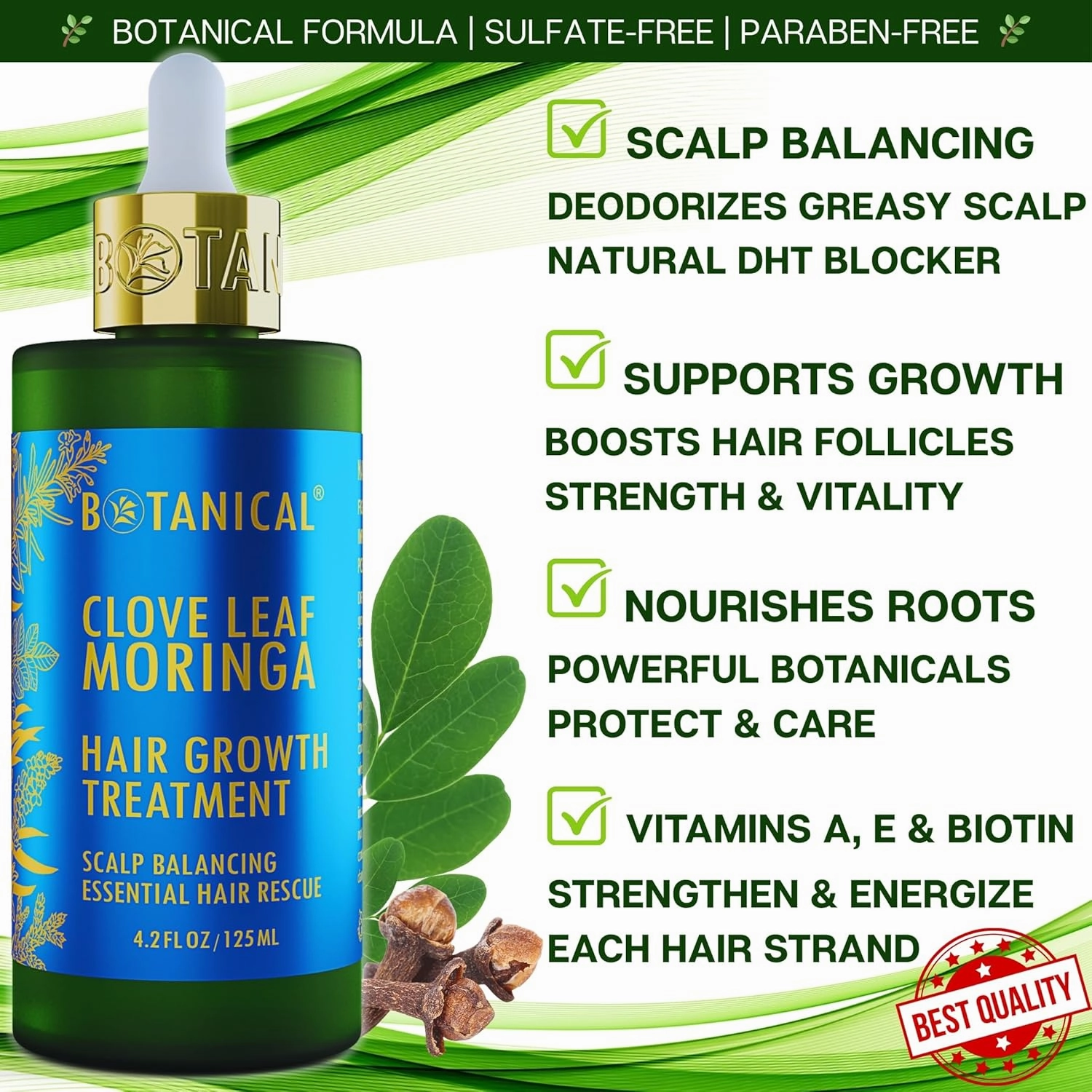 Botanical Hair Growth Treatment Clove Leaf Moringa Hair Oil For Hair Thinning Prevention Pre-Shampoo Scalp Stimulating Detox Head Spa Natural Anti-Hair Loss Thickening Products With Biotin 4.2 Fl Oz