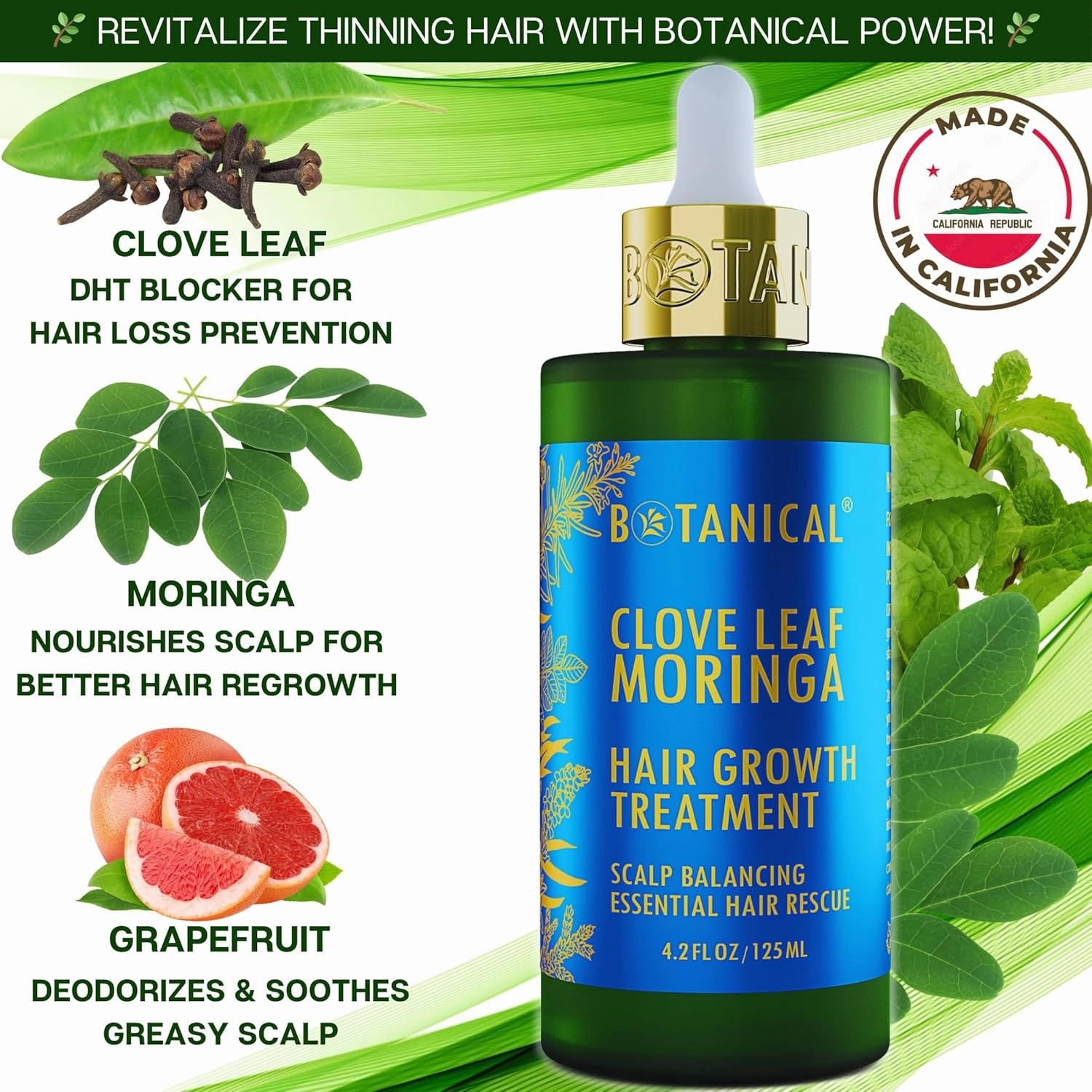 Botanical Hair Growth Treatment Clove Leaf Moringa Hair Oil For Hair Thinning Prevention Pre-Shampoo Scalp Stimulating Detox Head Spa Natural Anti-Hair Loss Thickening Products With Biotin 4.2 Fl Oz