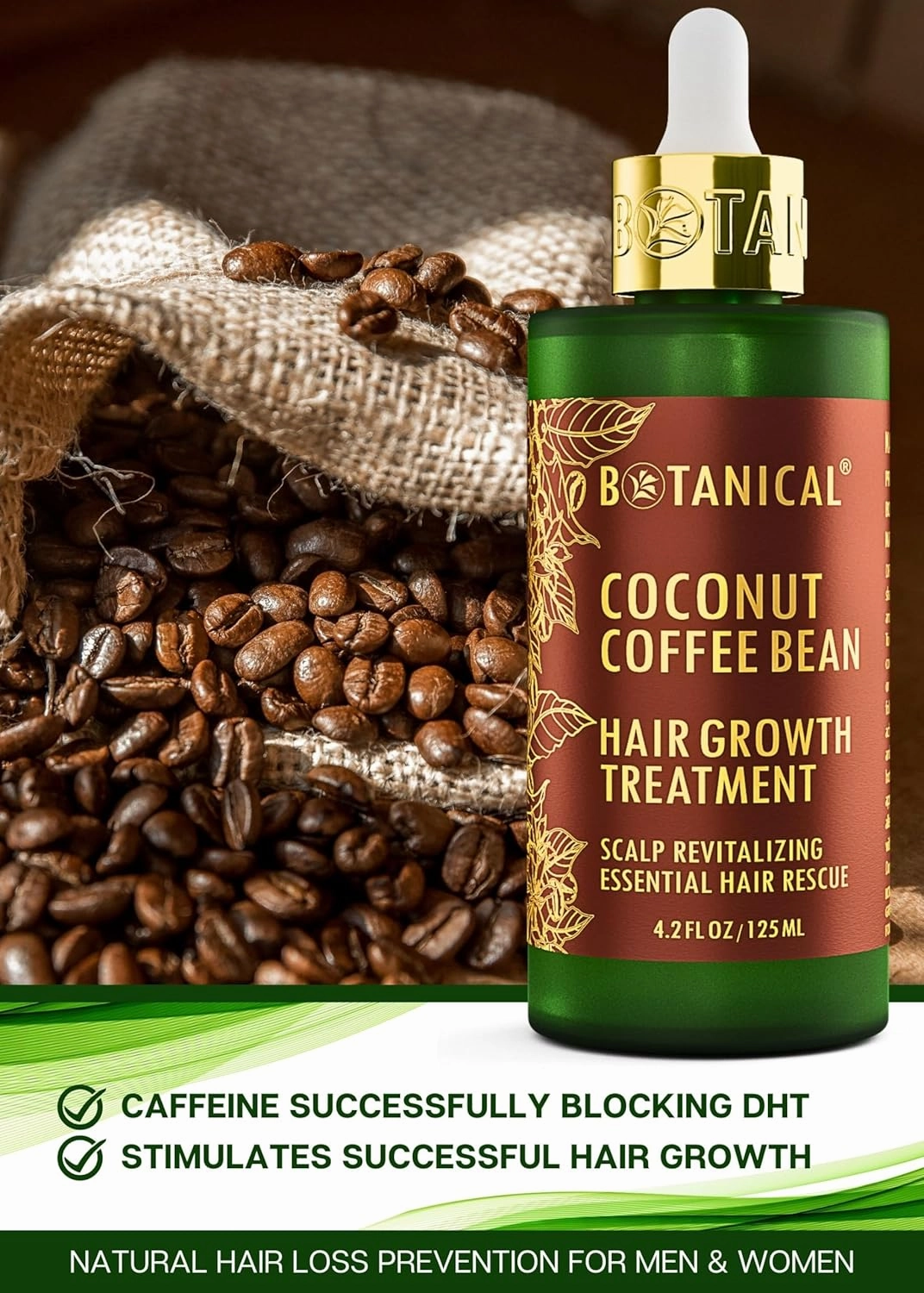 Botanical Hair Growth Treatment Coffee Bean Caffeine Hair Oil For Hair Thinning Prevention Pre-Shampoo Scalp Stimulating Detox Head Spa Natural Anti-Hair Loss Thickening Products With Biotin 4.2 Fl Oz