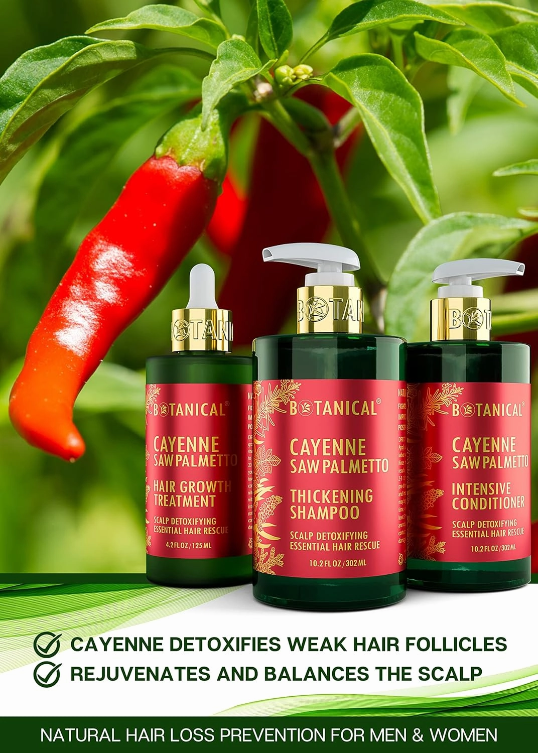 Botanical Hair Growth Treatment, Thickening Shampoo and Anti-Thinning Conditioner “Scalp Detox” Cayenne Saw Palmetto Shampoo for Hair Loss, Thickening Products For Women & Men