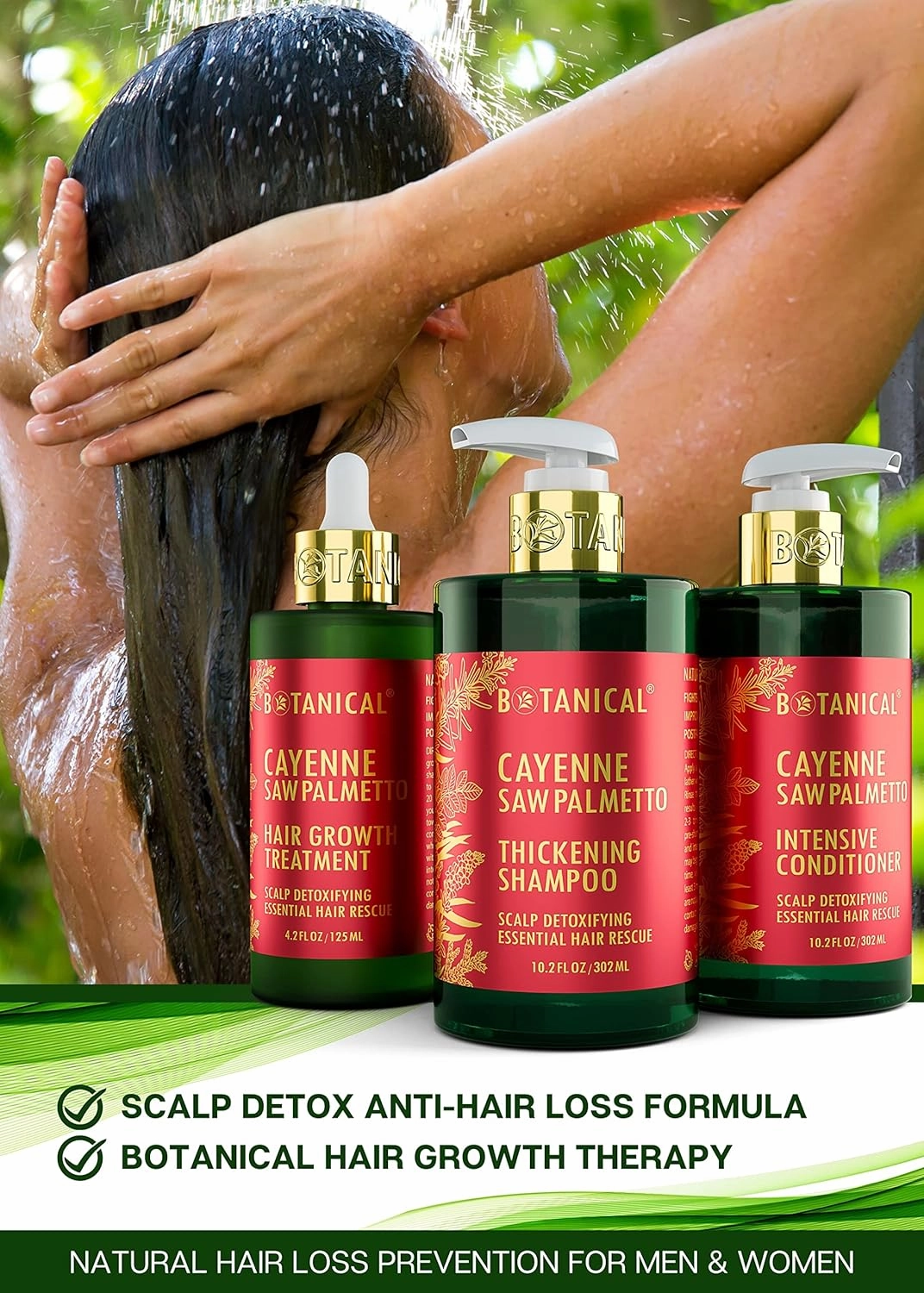 Botanical Hair Growth Treatment, Thickening Shampoo and Anti-Thinning Conditioner “Scalp Detox” Cayenne Saw Palmetto Shampoo for Hair Loss, Thickening Products For Women & Men