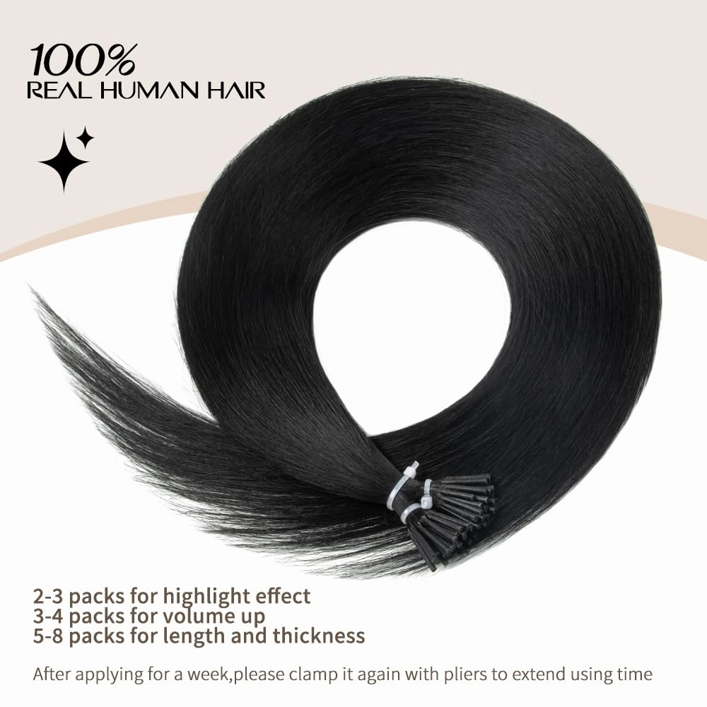 Boymia I Tip Hair Extensions Human Hair #01 Jet Black 14 Inch 50strands I Tip Human Hair Extensions Silky Straight Itip Extensions Human Hair Women