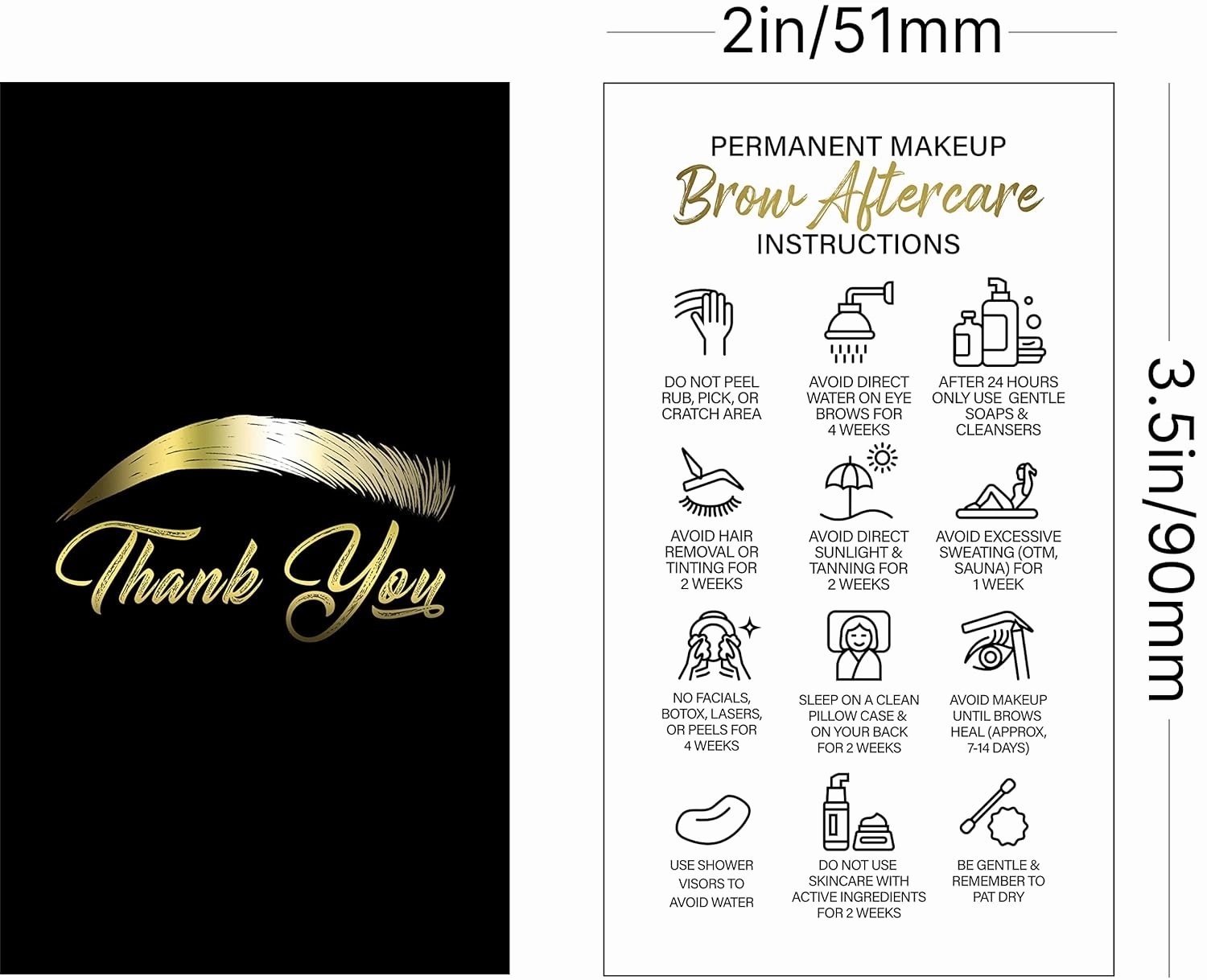 BRAWNA 100 pck Microblading Aftercare Instruction Cards, 3.5"x2", Thank You Cards, Microblading Supplies PMU kit - Black